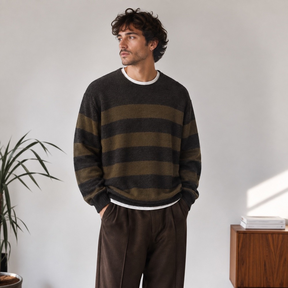 Vince Gray Olive Brown Striped Wool Blend Sweater, XXL